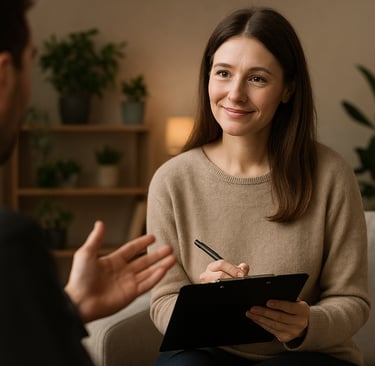 Therapist smiling and listening to a client during a counselling session.