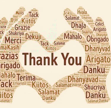 Word cloud of thank you in many languages shaped like hands forming a heart