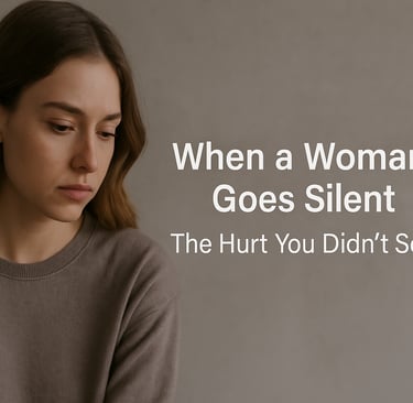 Solemn young woman in a taupe sweater looks down, with blog title “When a Woman Goes Silent: The Hurt You Didn’t See”