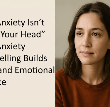calm young woman in a rust sweater, symbolizing anxiety counselling.