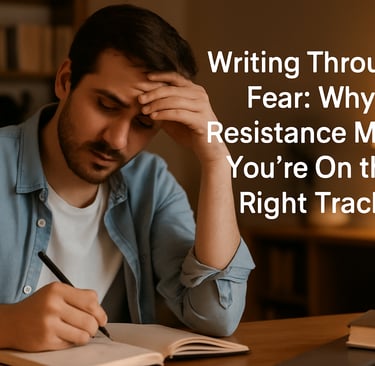 Frustrated writer sits at desk with blank page, head in hand, struggling with creative block and self-doubt.
