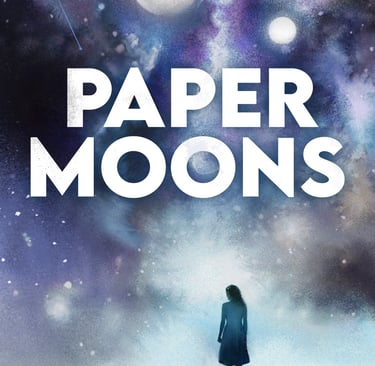 A woman and a small dog stand silhouetted in front of a galactic landscape containing two moons.