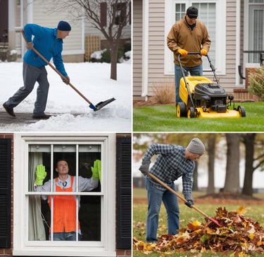 a man is cleaning a window with a broom and a broom
