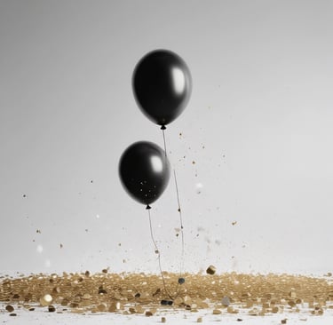 A cluster of black, red, gold, and white balloons glowing softly in a dim piano bar setting