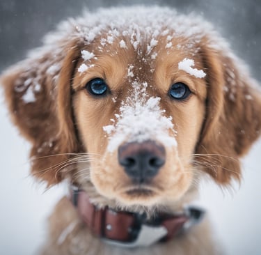 a dog is looking at the camera during winter