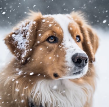 a dog is looking at the camera while it is snowing