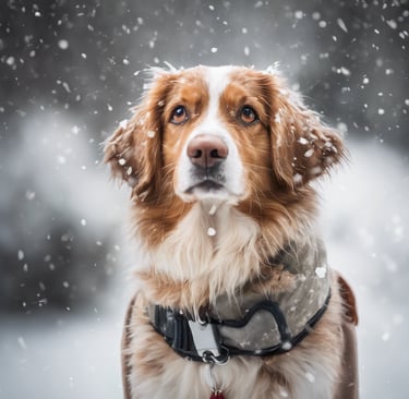 a dog is sitting in the snow