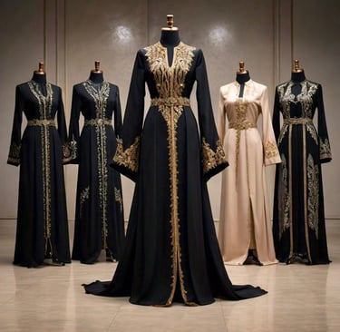 a display of a variety of dresses and Abayas