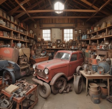 A small, dimly lit vintage shop filled with an eclectic assortment of items including a variety of hats, bags, and decorative objects. The shop has wooden shelves and cabinets, with hats displayed prominently. A chair sits near a sunlit window, adding a warm glow to the scene.