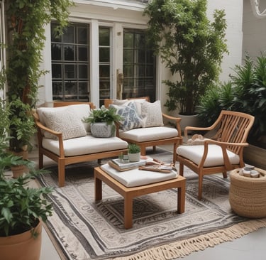 outdoor wood chairs, outdoor rug, pillows and plants