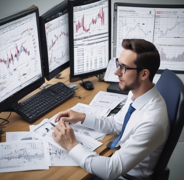 A hand holds a smartphone displaying a financial chart with candlestick patterns. In the background, a large, similar financial graph is visible on a screen, featuring fluctuating lines and data points.