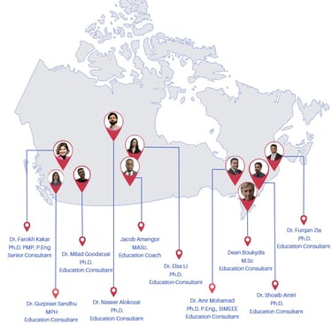 Map of Canada showing 10 education consultants and coaches with location pins, names, qualifications