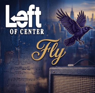 Left of Center Fly album cover featuring a purple raven, music notes, and a guitar amplifier.