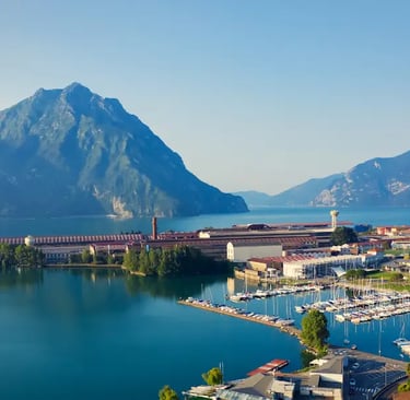 View of Lovere, the charming lakeside town on Lake Iseo in Lombardy, Italy, with colorful houses ref