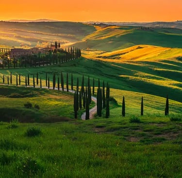 Sunset over the rolling hills of Tuscany with a winding road lined by cypress trees