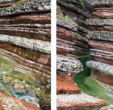 Brent de l’Art colorful rock layers and clear stream canyon in Belluno Prealps Veneto