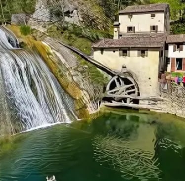Molinetto della Croda watermill with waterfall in Refrontolo, Prosecco Hills Veneto Italy