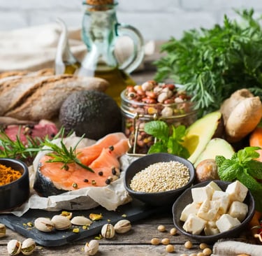 a variety of food items including vegetables and fruits, mediterranean diet