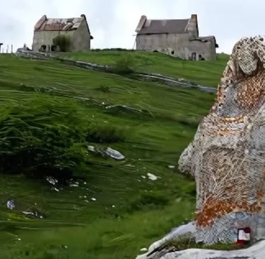 Stone statue and old houses in Giazza, Cimbrian village in the Lessini Mountains Verona