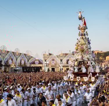a crowd of people standing around a float of a float
