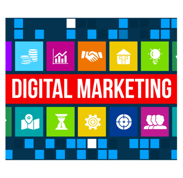 Infographic-style image showing icons for SEO, social media, email campaigns, and analytics