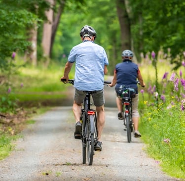 Family bicycling on country road