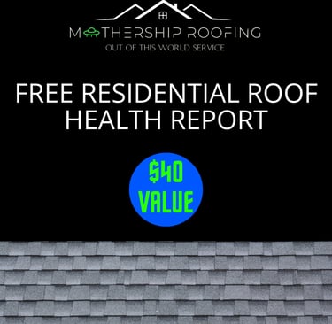 A grey roof against a black background advertising a free roof health report