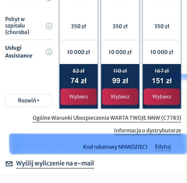 kalkulator ubezpieczenia nnw szkolnego warta z zaznaczonym miescem gdzie wpisac kod rabatowy