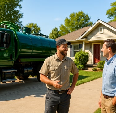 A sanitation worker stands beside a septic tank truck in a suburban Albany, New York driveway, speak