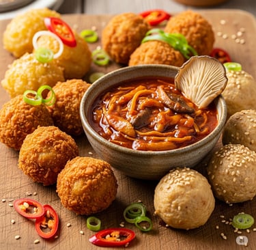 Crispy Potato/Chicken/Tofu Balls with Spicy Oyster Mushroom Sauce