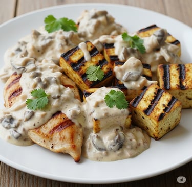 Grilled Paneer/Chicken/Tofu with Oyster Mushroom Sauce