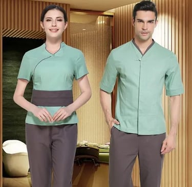 a man and woman in a Spa Uniform