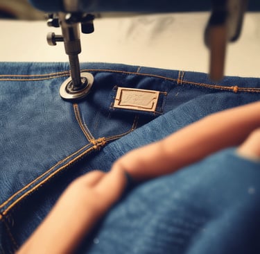a person sewing a pair of jeans and a sewing machine