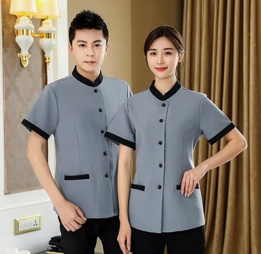 a man and woman in a hotel uniform