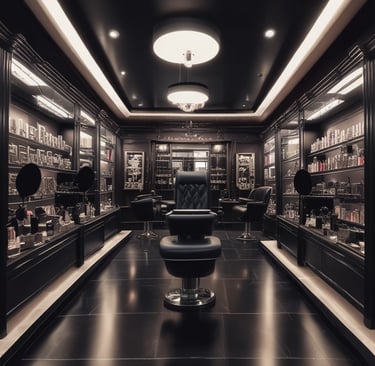 Luxurious leather barber chair with diamond stitching is prominently positioned in a stylish, modern barbershop. The background features dark shelves stocked with grooming products and bottles. A sleek sink for washing hair is visible near the chair. The lighting creates a warm, inviting atmosphere with a large ceiling lamp adding to the ambiance.