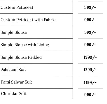 tailor with price list