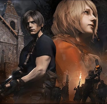 poster do jogo Resident Evil 4: Remake, apresentando Leon e Ashley.