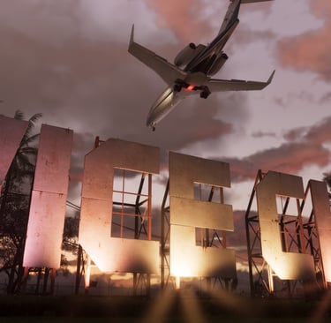 Imagem de um avião sobrevoando o letreiro da cidade fictícia "Vice City", do GTA 6.