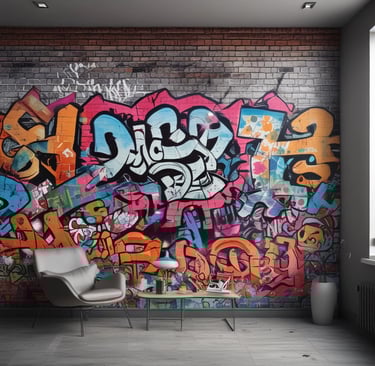 A vibrant mural on the side of a building with geometric patterns and shapes in various bright colors, featuring the text 'CREATIVITY IS IN ALL OF US'. The mural is located at the London Graphic Centre. The background includes a yellow brick wall and other urban elements such as doors and a lamp.