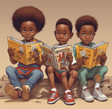 Five young children appear to be reading from various colorful books with illustrations on the covers. The children are seated closely together, engrossed in their books. Each child has distinct hair color and expression, contributing to a playful and whimsical atmosphere.