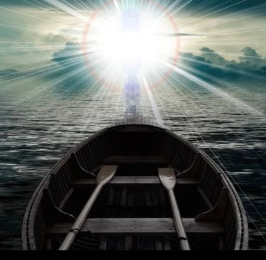 The Phenomenal Chocolate Box: How we experience the Unseen. A boat amid the ocean drifting towards a mysterious light