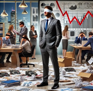 An AI generated image depicitng a leader in a chaotic organisation environment but blindfolded.