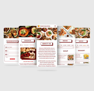 Mobile UI design for Pascualenia restaurant, showcasing reservation, events, about, and menu pages.