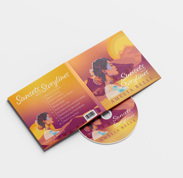 A CD album design for 'Sunsets and Storylines', featuring warm tones and a stylized portrait.
