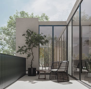 terraza moderna con grandes ventanales