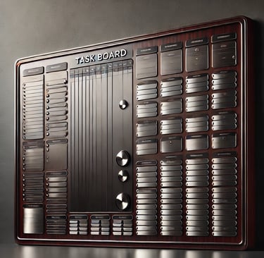 A premium wooden taskboard illustrating a structured approach to business execution & goal tracking.