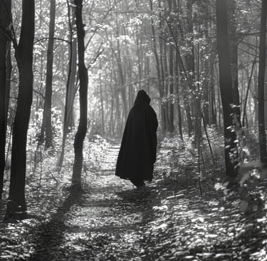 Personne marchant sur un chemin en foert vers la lumière