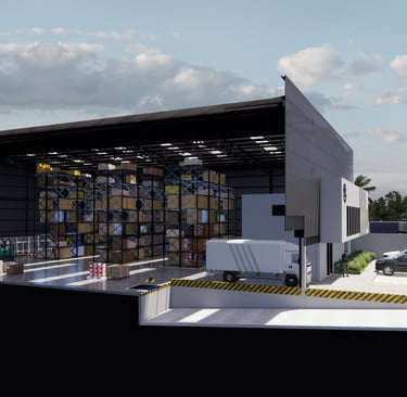 Modern industrial warehouse with high-density shelving, loading docks, and delivery trucks for logistics operations.