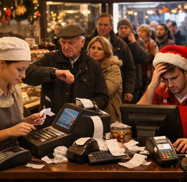 Confitería con cola de clientes en hora punta donde los empleados gestionan pagos con TPV y datáfono