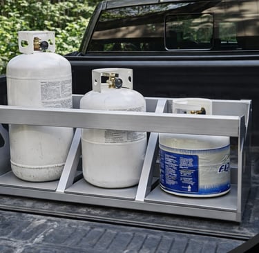 Truck with 20 lb 30 lb and 40 lb propane tanks for transport